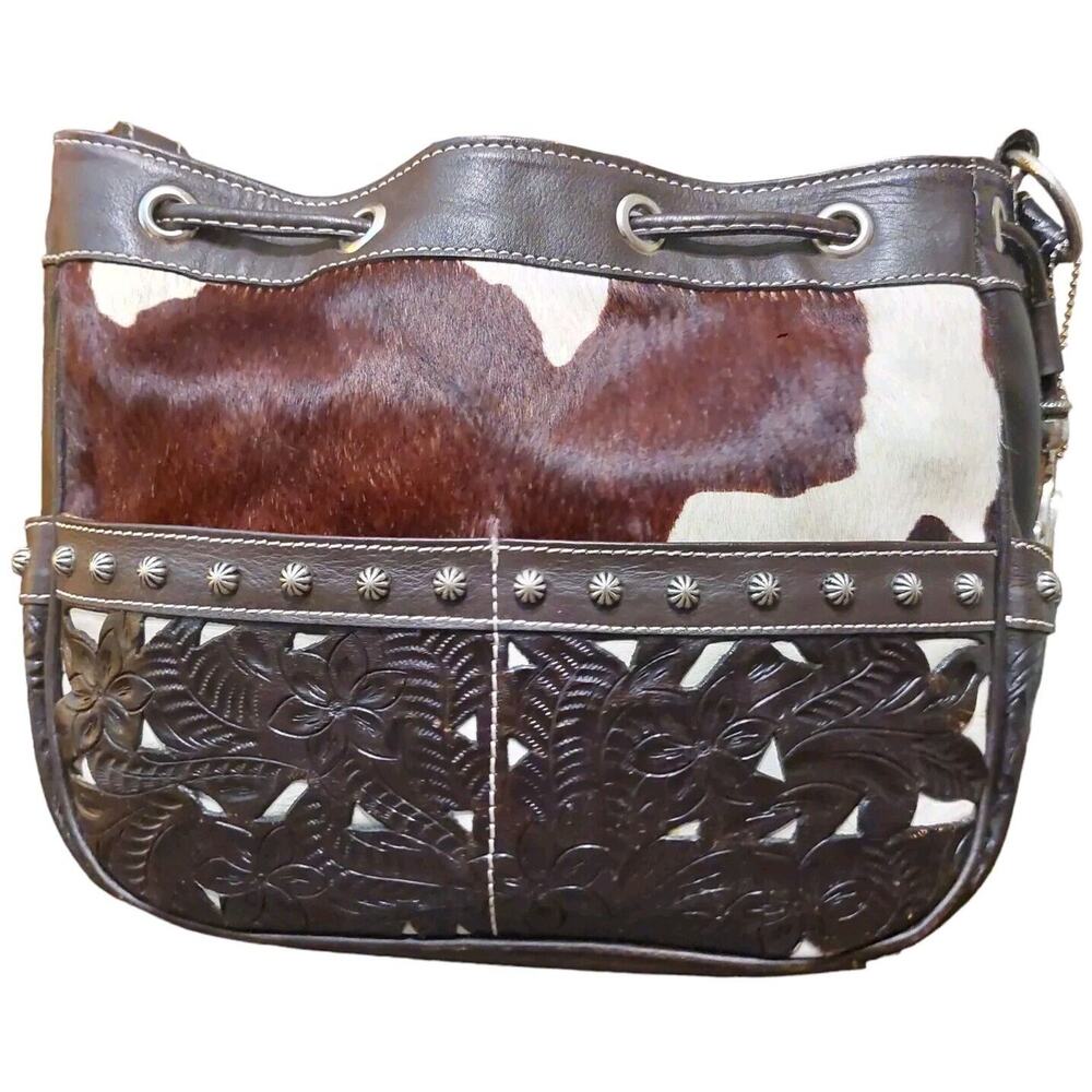 American West Hair On Purse Brown White Hand Tooled Leather, Cow Horse Print Bag
